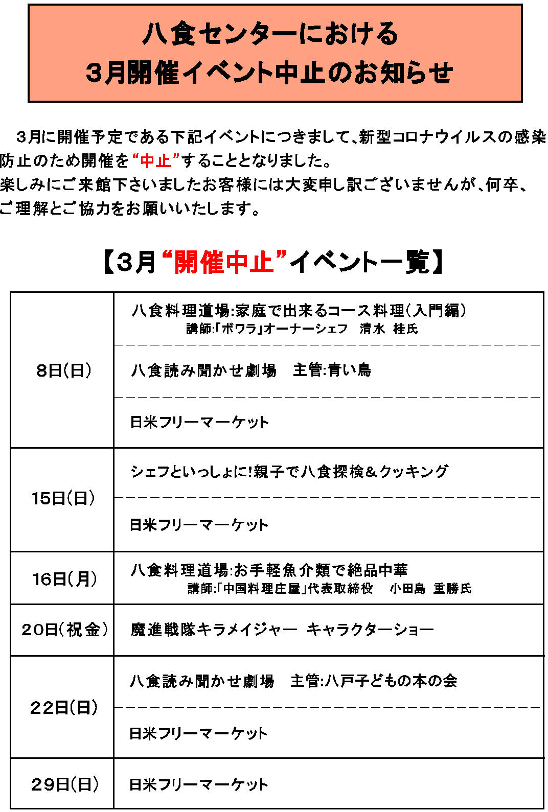 お知らせ の イベント コロナ 中止