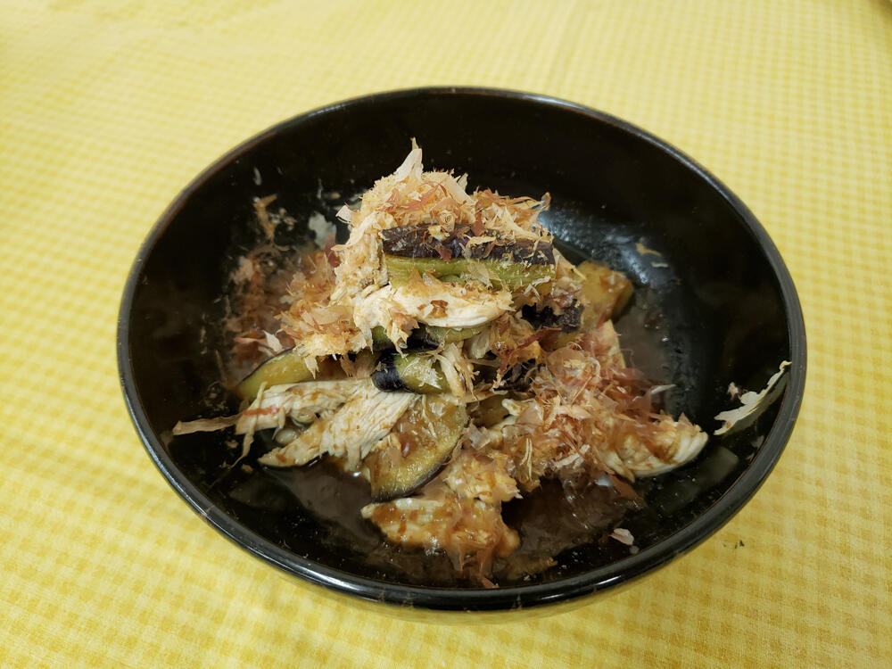 ささみと焼きナスとからし醤油和え